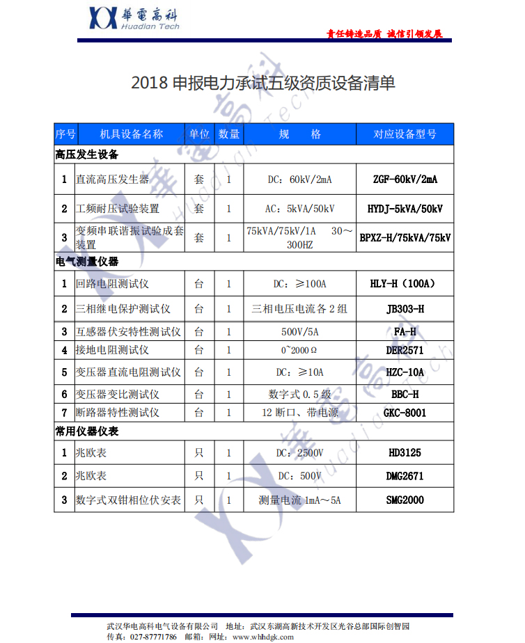 2018申报电力承试五级资质设备清单